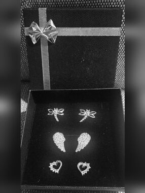 Svarovski Crystal Sterling Silver Stud Earring Trio - Dragonfly, Wings & Hearts